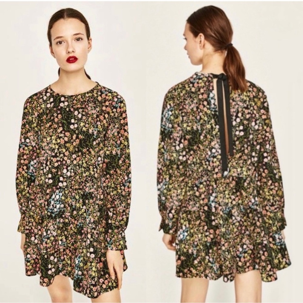 Zara Black Floral Long-Sleeve Romper with Pink & Blue Flowers
